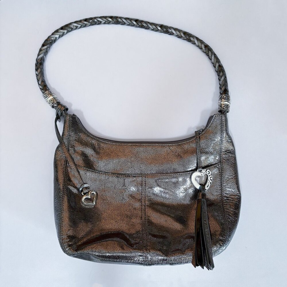 Brighton Barbados Leather Hobo Shoulder Bag Handbag Metallic Dark Gray Purse